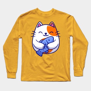 Cute Cat Holding Fish Cartoon Long Sleeve T-Shirt